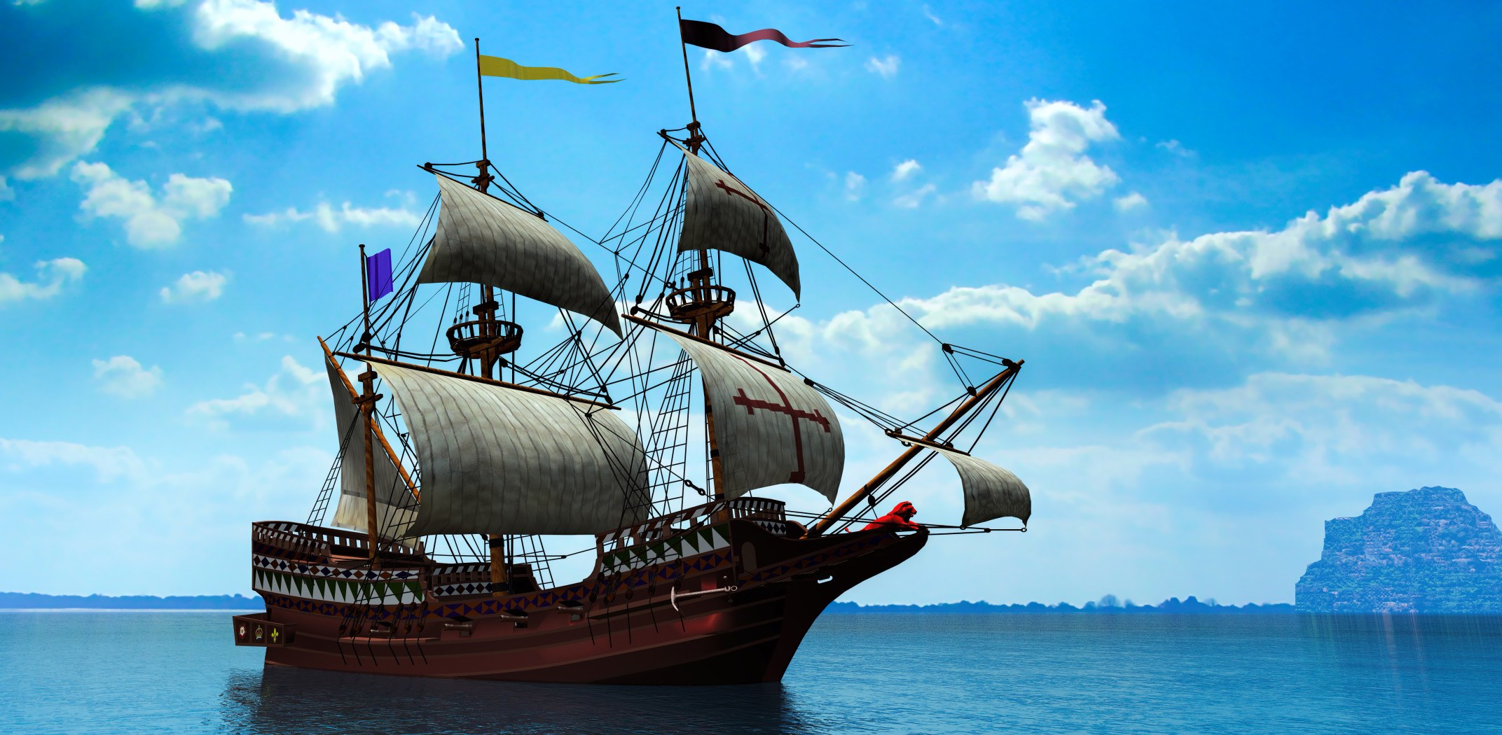 Spanish galleon on calm and blue sea